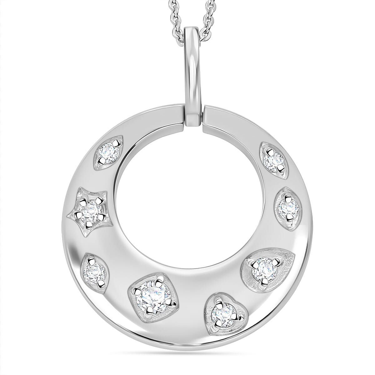 J Francis - Swarovski Zirconia Celestial Creole Pendant with Chain (Size 20) in Rhodium Overlay Sterling Silver