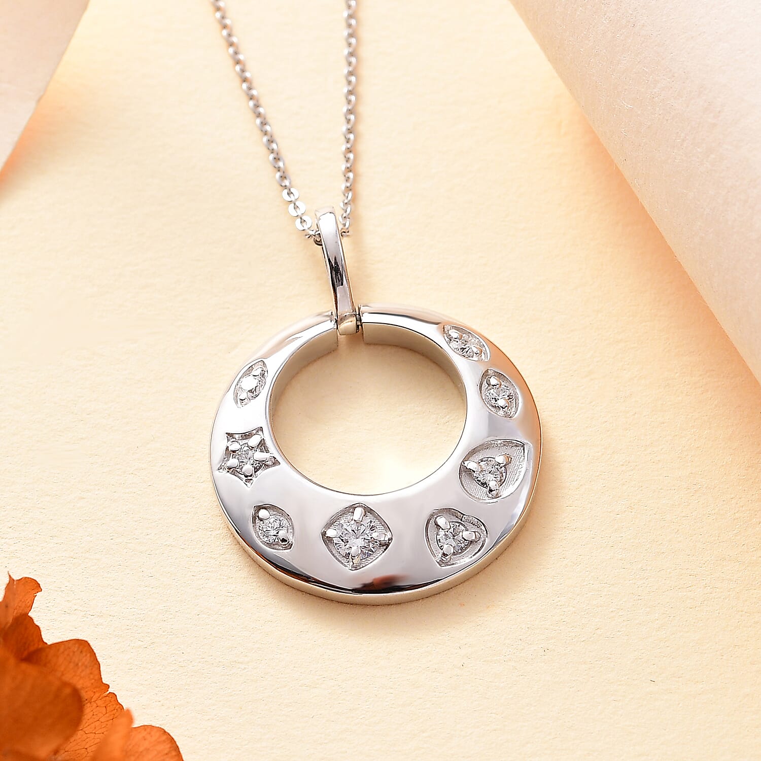 J Francis - Swarovski Zirconia Celestial Creole Pendant with Chain (Size 20) in Rhodium Overlay Sterling Silver