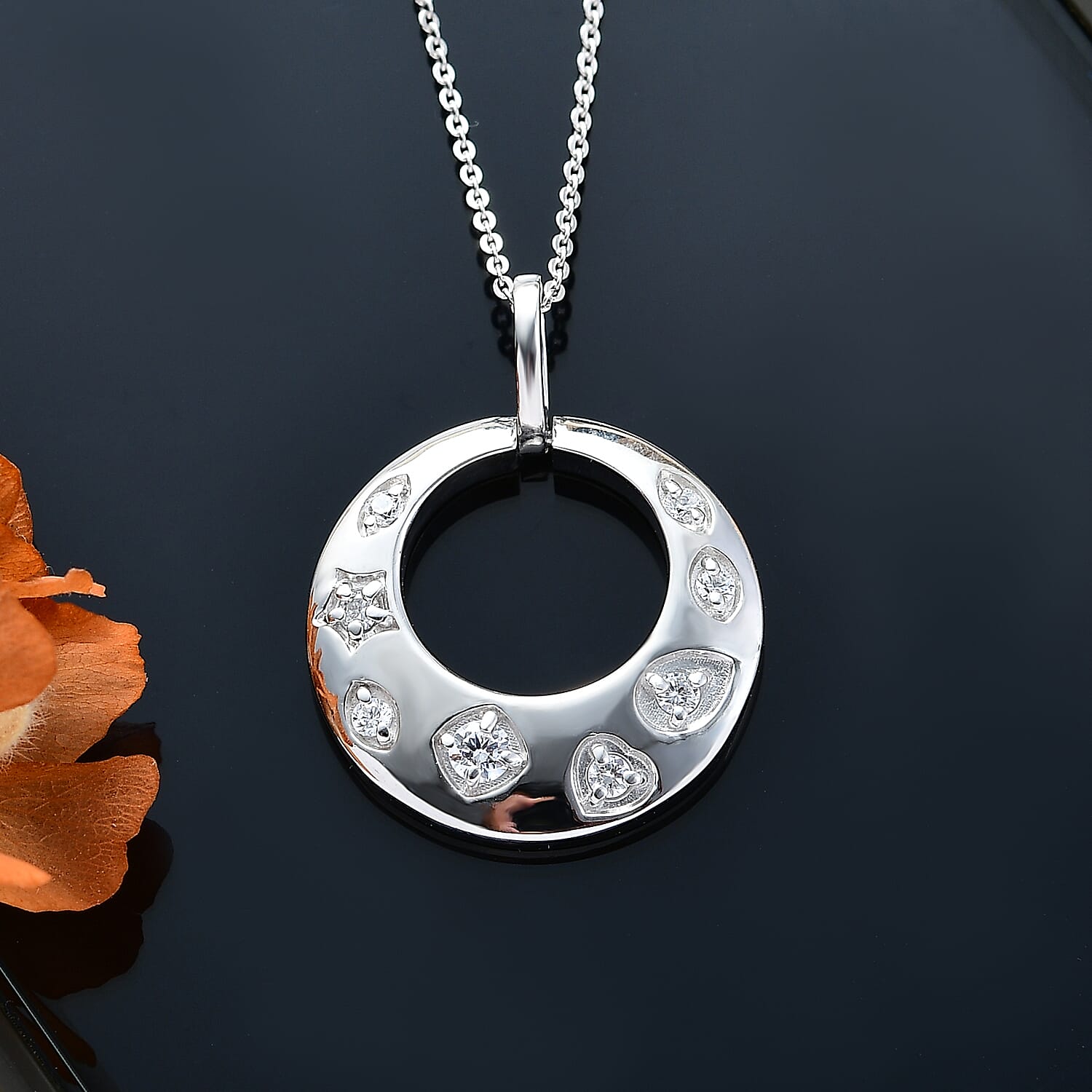 J Francis - Swarovski Zirconia Celestial Creole Pendant with Chain (Size 20) in Rhodium Overlay Sterling Silver