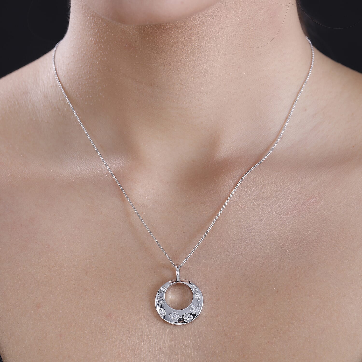 J Francis - Swarovski Zirconia Celestial Creole Pendant with Chain (Size 20) in Rhodium Overlay Sterling Silver