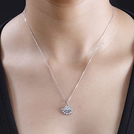 J Francis - Swarovski Zirconia Art Deco Pendant with Chain (Size 20) in Rhodium Overlay Sterling Silver