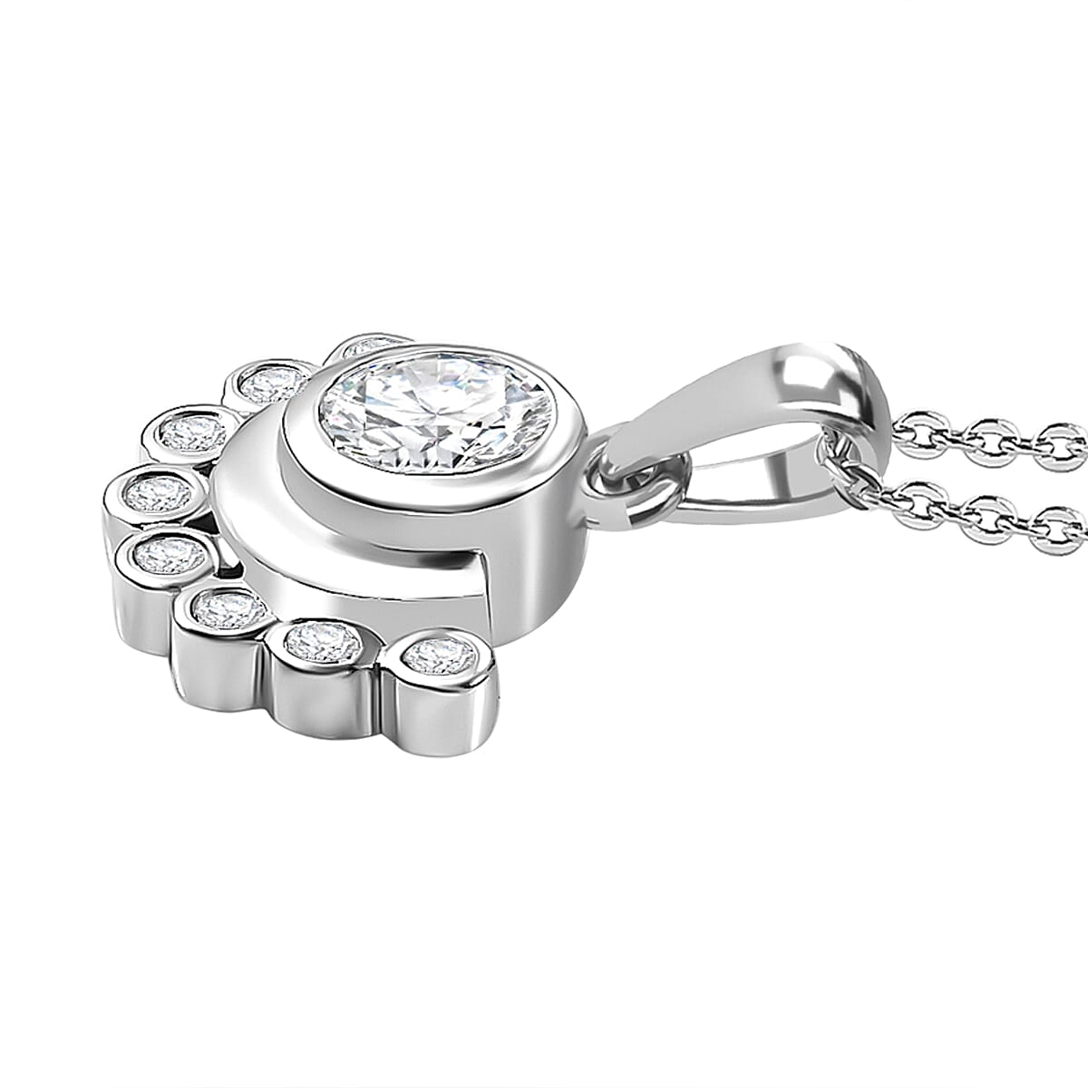 J Francis - Swarovski Zirconia Art Deco Pendant with Chain (Size 20) in Rhodium Overlay Sterling Silver