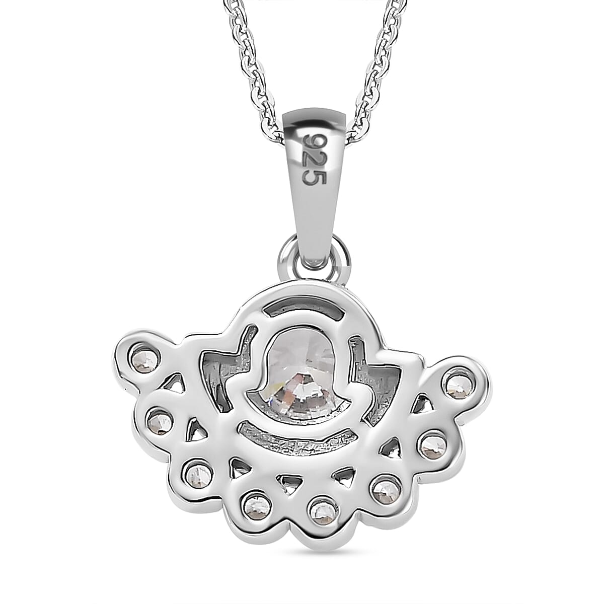 J Francis - Swarovski Zirconia Art Deco Pendant with Chain (Size 20) in Rhodium Overlay Sterling Silver