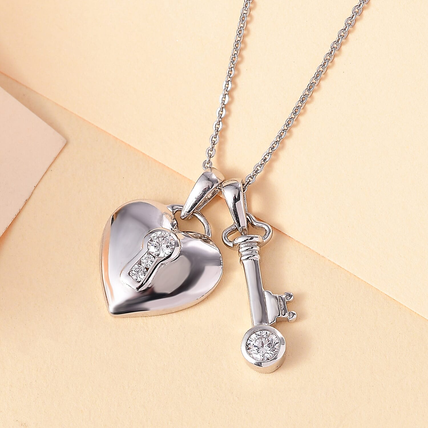 J Francis - 2 Piece Set - Swarovski Zirconia Heart Locker and Key Pendant with Chain (Size 20) in Rhodium Overlay Sterling Silver