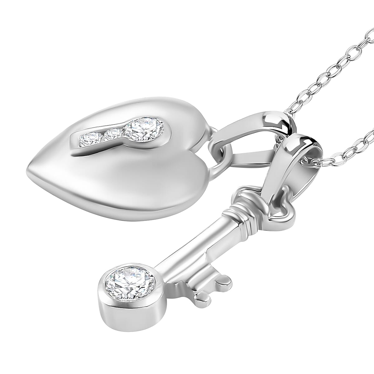 J Francis - 2 Piece Set - Swarovski Zirconia Heart Locker and Key Pendant with Chain (Size 20) in Rhodium Overlay Sterling Silver