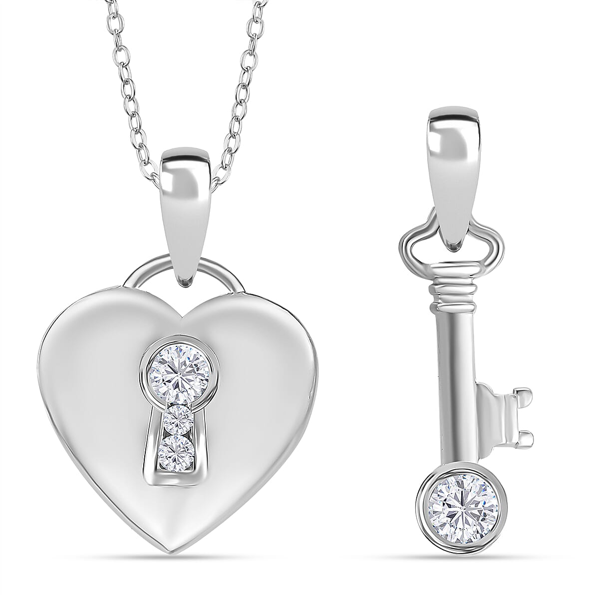 J Francis - 2 Piece Set - Swarovski Zirconia Heart Locker and Key Pendant with Chain (Size 20) in Rhodium Overlay Sterling Silver