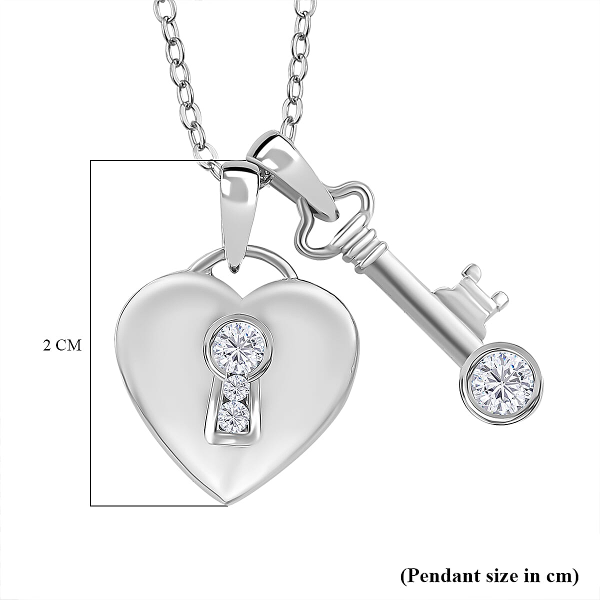 J Francis - 2 Piece Set - Swarovski Zirconia Heart Locker and Key Pendant with Chain (Size 20) in Rhodium Overlay Sterling Silver