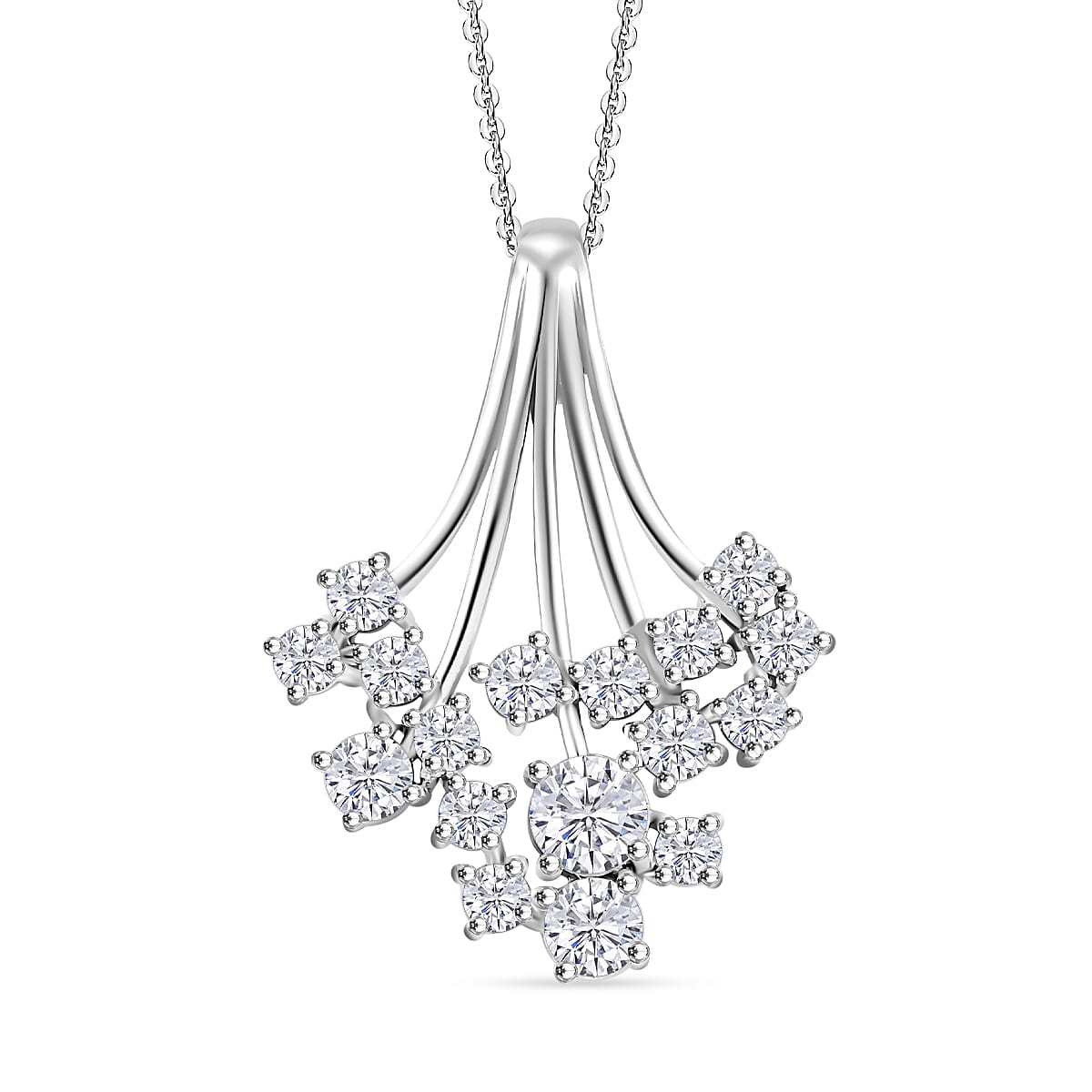 J Francis - Swarovski Zirconia Waterfall Pendant with Chain (Size 20) in Rhodium Overlay Sterling Silver 3.55 Ct.