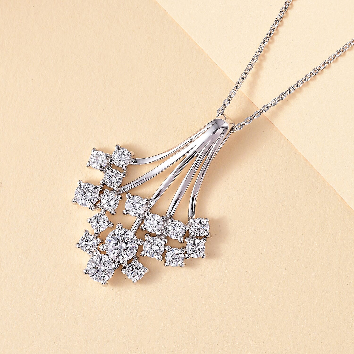 J Francis - Swarovski Zirconia Waterfall Pendant with Chain (Size 20) in Rhodium Overlay Sterling Silver 3.55 Ct.