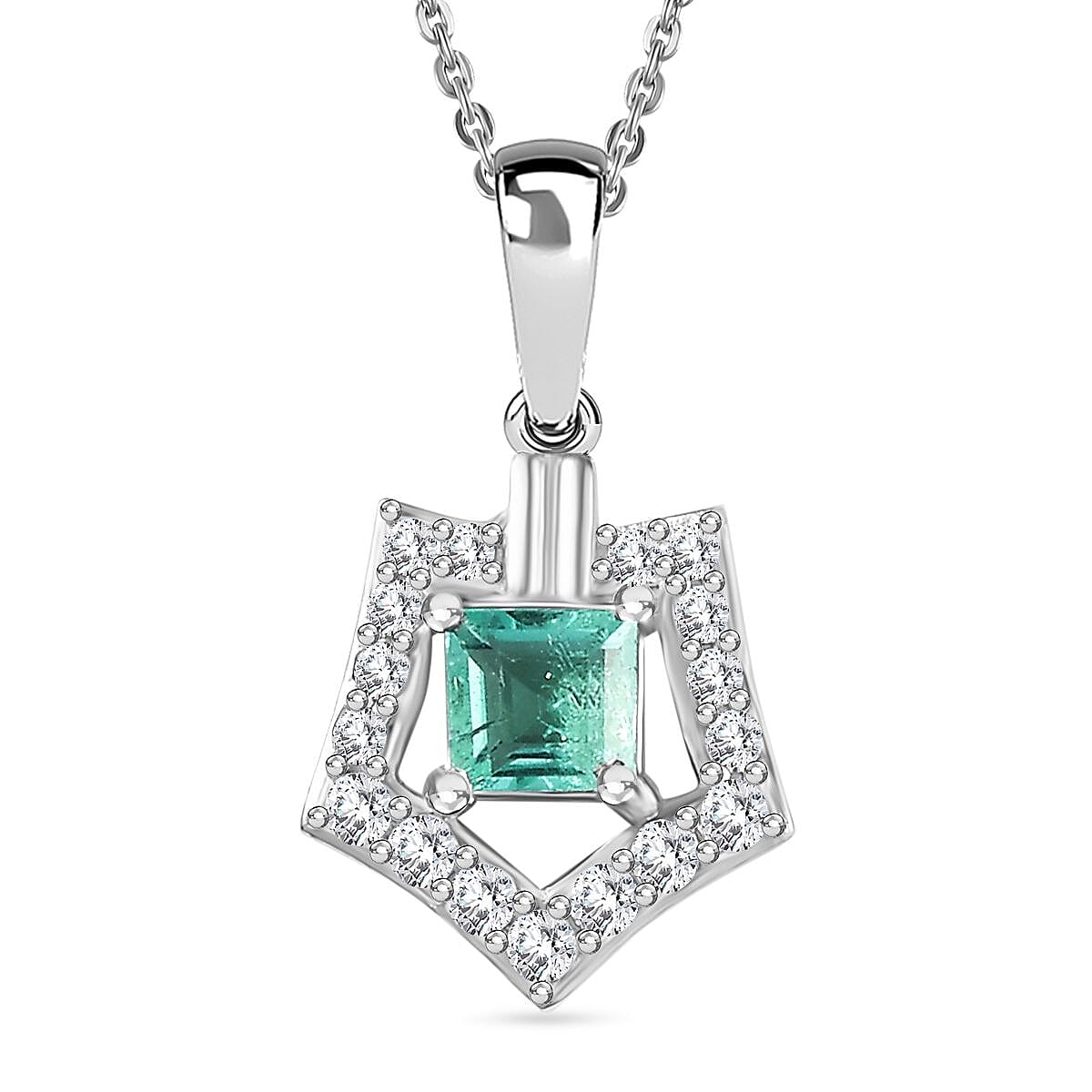 Colombian Emerald,  White Zircon Pendant with Chain (Size 20) in Rhodium Overlay Sterling Silver