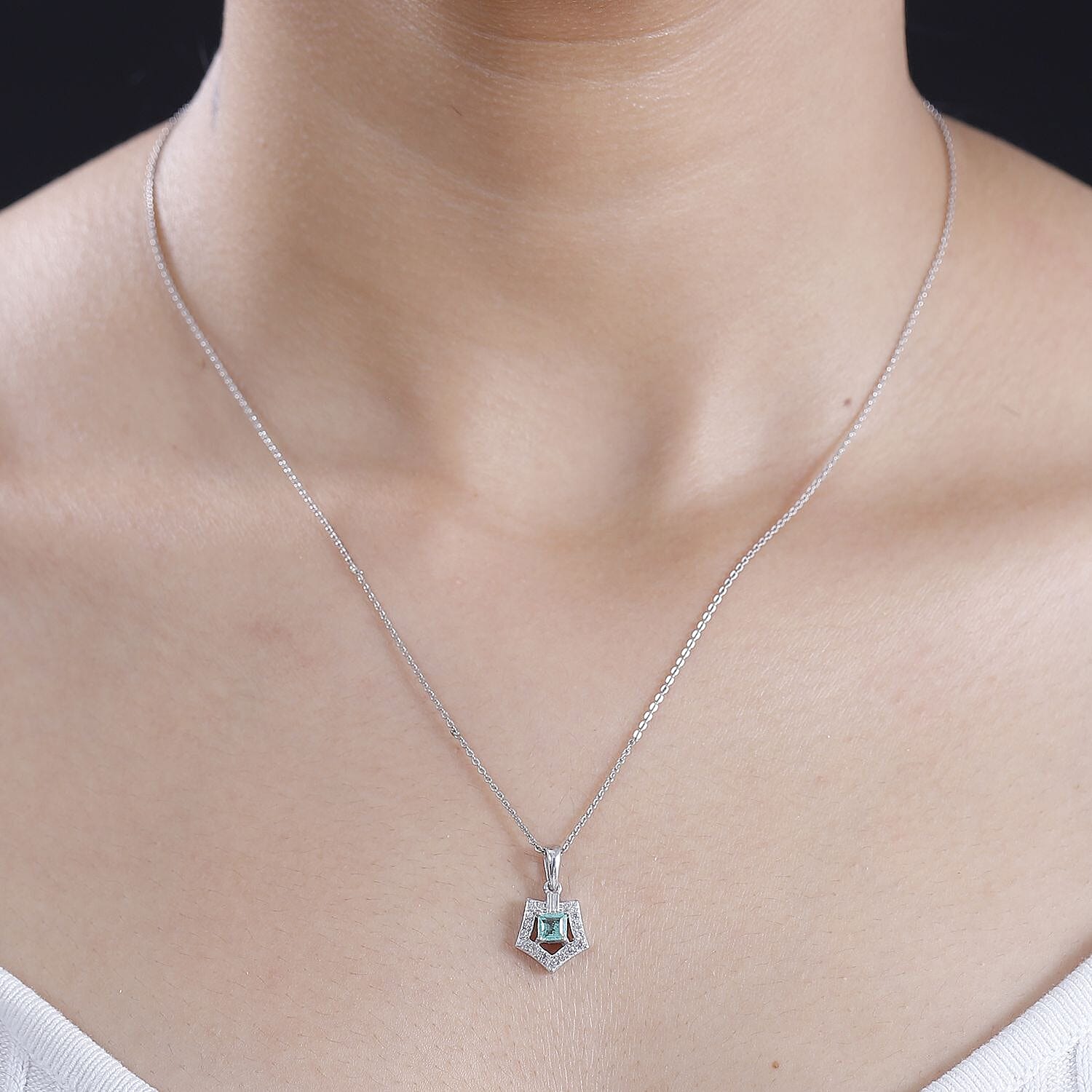 Colombian Emerald,  White Zircon Pendant with Chain (Size 20) in Rhodium Overlay Sterling Silver