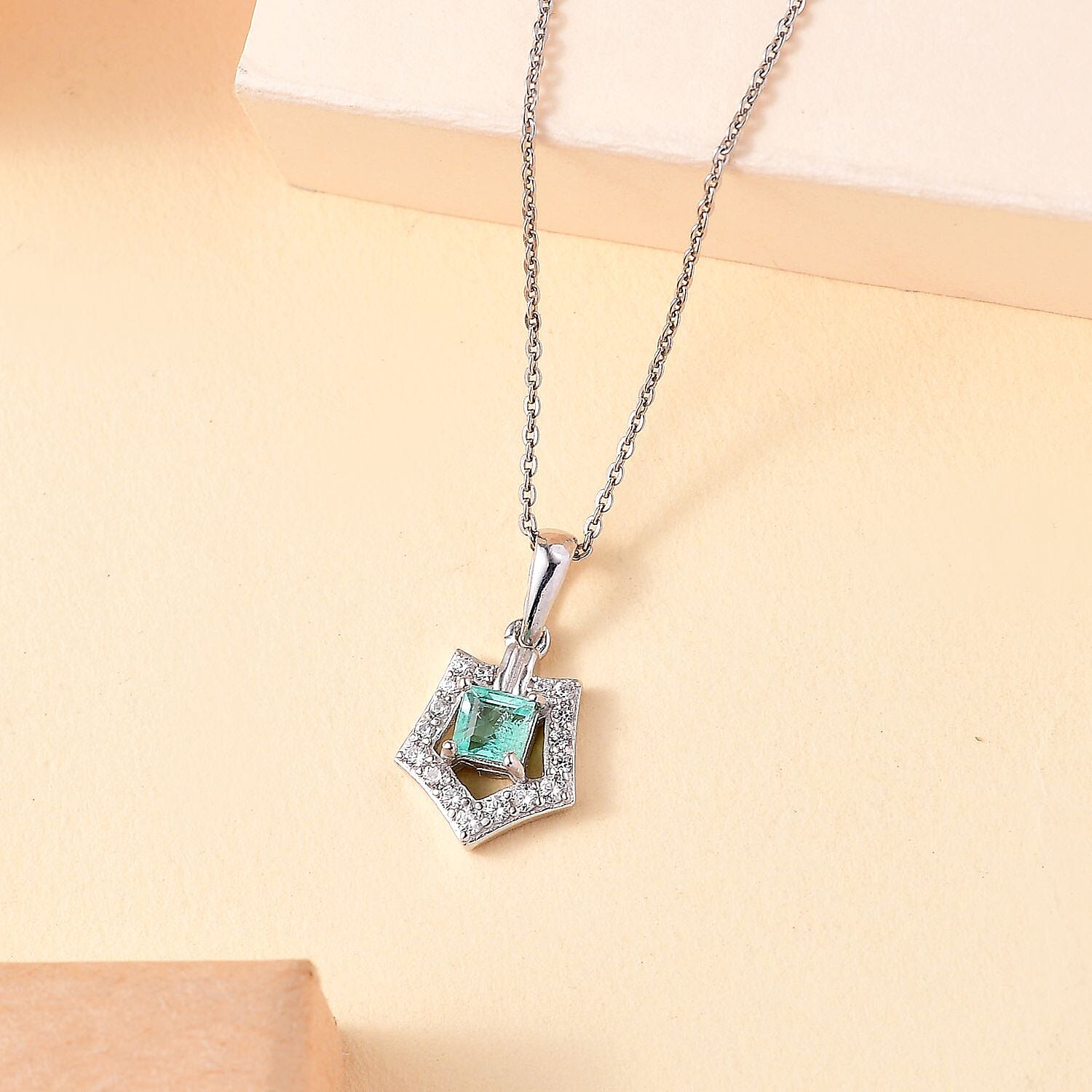 Colombian Emerald,  White Zircon Pendant with Chain (Size 20) in Rhodium Overlay Sterling Silver