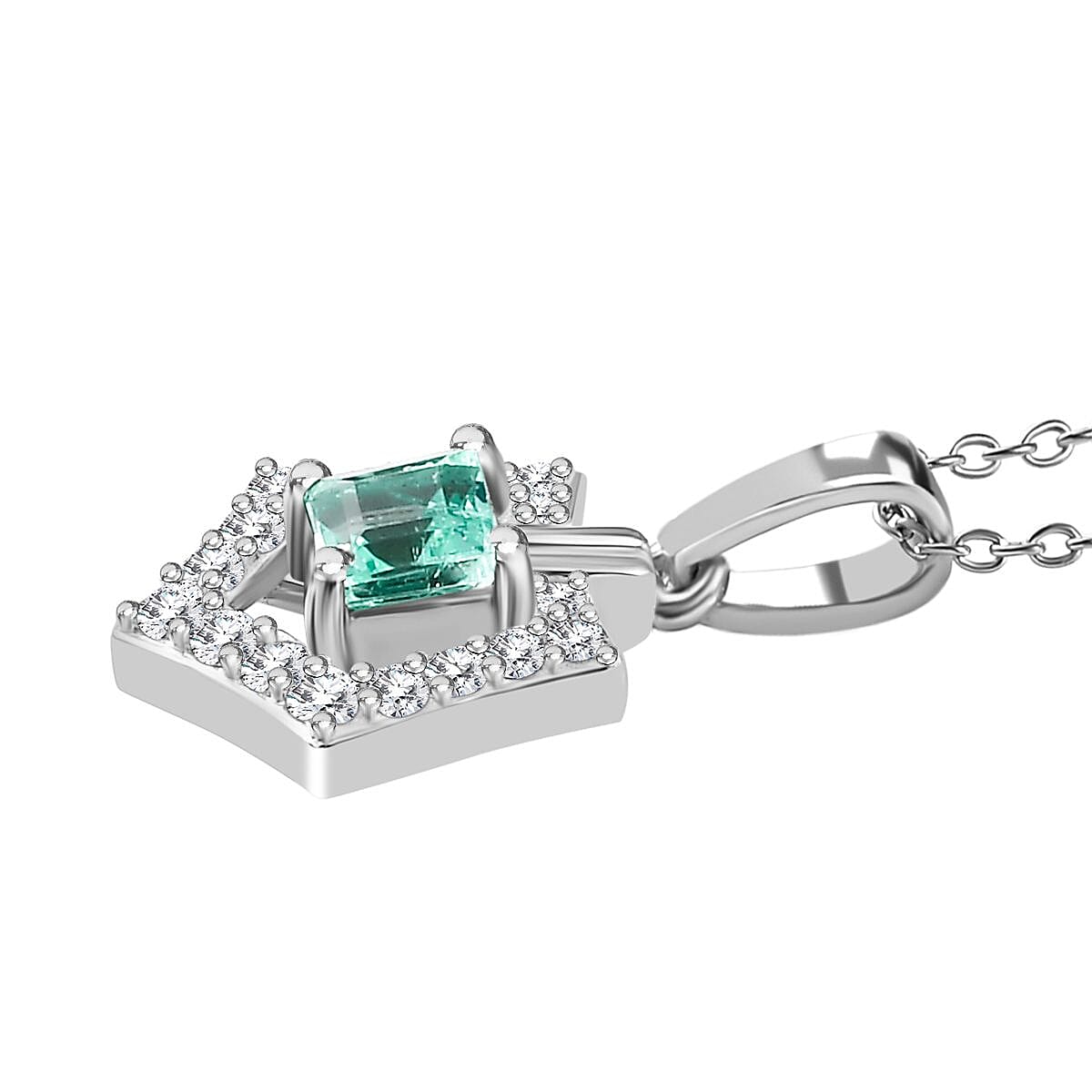 Colombian Emerald,  White Zircon Pendant with Chain (Size 20) in Rhodium Overlay Sterling Silver