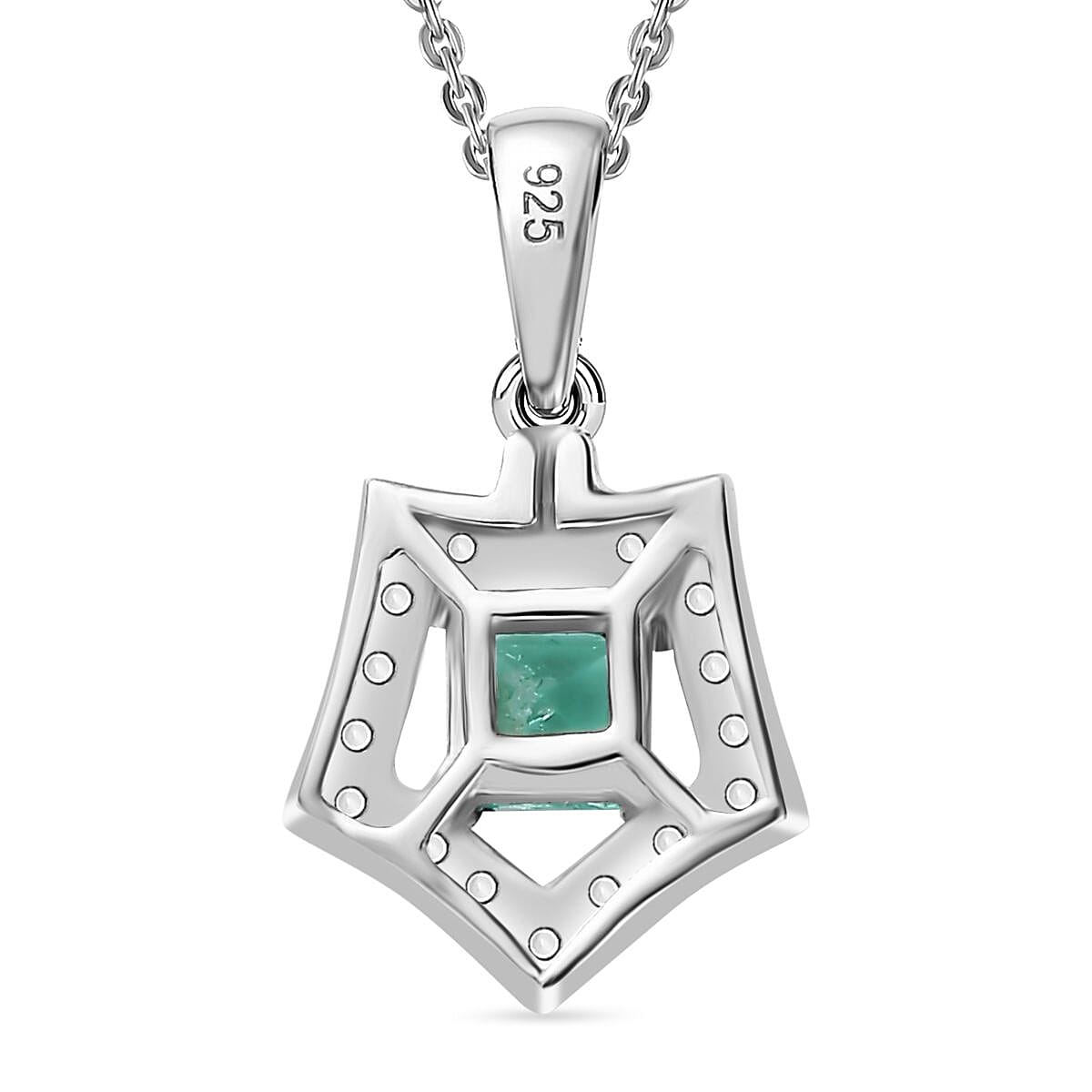 Colombian Emerald,  White Zircon Pendant with Chain (Size 20) in Rhodium Overlay Sterling Silver