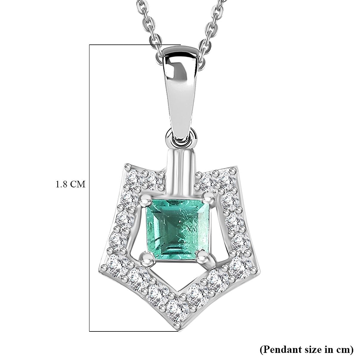 Colombian Emerald,  White Zircon Pendant with Chain (Size 20) in Rhodium Overlay Sterling Silver