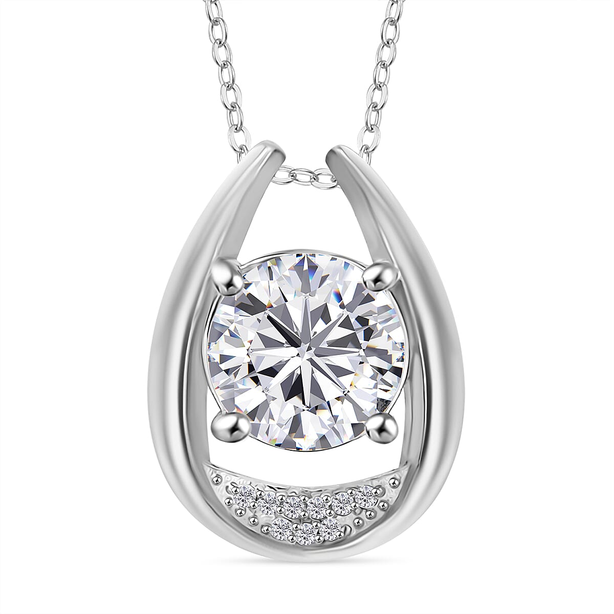 J Francis - Swarovski Zirconia Teardrop Pendant with Chain (Size 20) in Rhodium Overlay Sterling Silver 3.35 Ct.