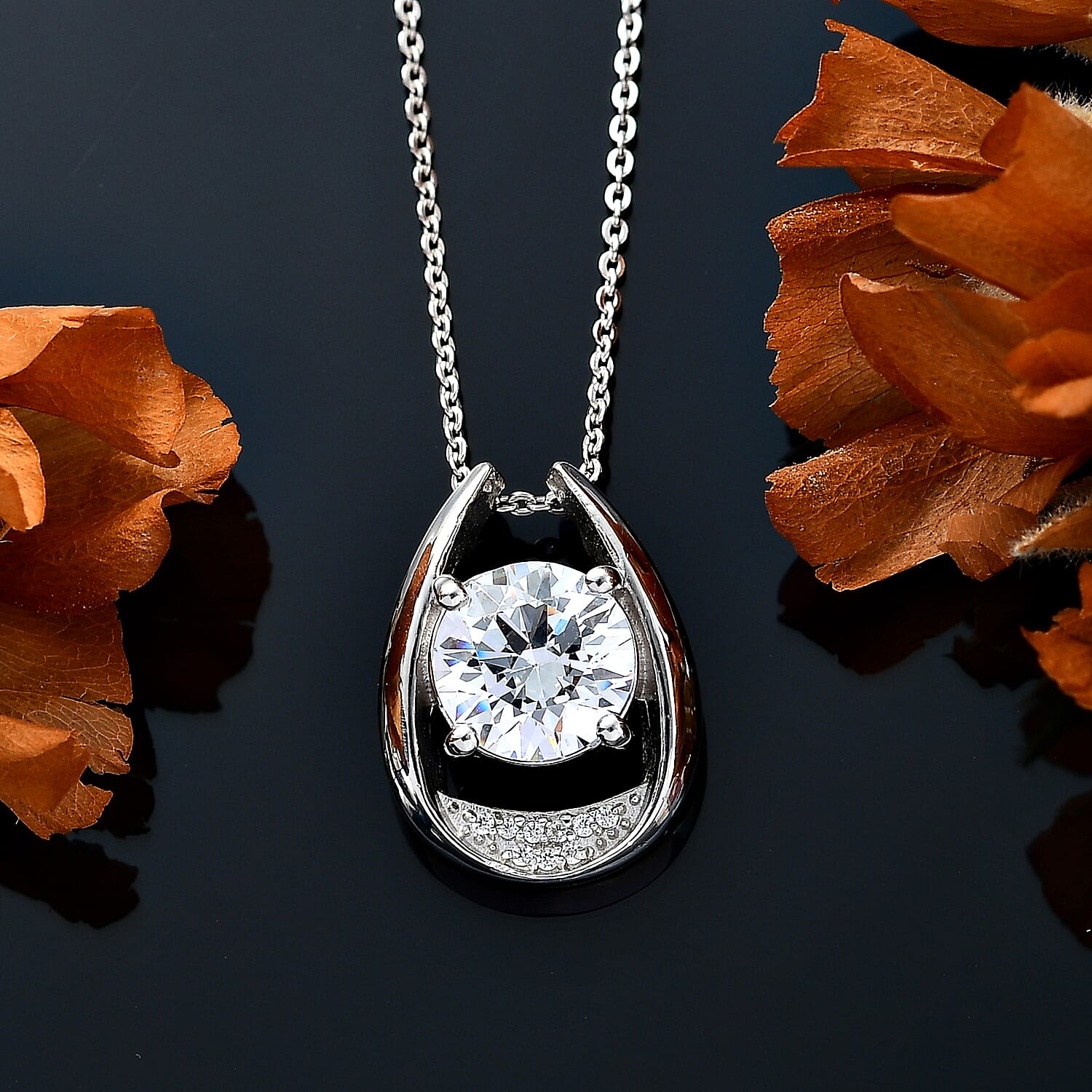 J Francis - Swarovski Zirconia Teardrop Pendant with Chain (Size 20) in Rhodium Overlay Sterling Silver 3.35 Ct.