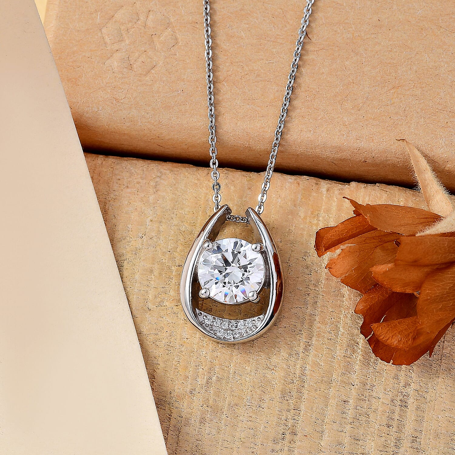 J Francis - Swarovski Zirconia Teardrop Pendant with Chain (Size 20) in Rhodium Overlay Sterling Silver 3.35 Ct.