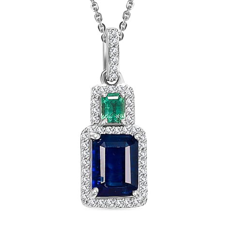 AAA Kashmir Kyanite, Gemfields Zambian Emerald, Natural White Zircon Pendant with chain (Size 20) in Rhodium Overlay Sterling Silver 2.50 ct.