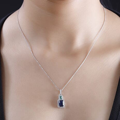 AAA Kashmir Kyanite, Gemfields Zambian Emerald, Natural White Zircon Pendant with chain (Size 20) in Rhodium Overlay Sterling Silver 2.50 ct.