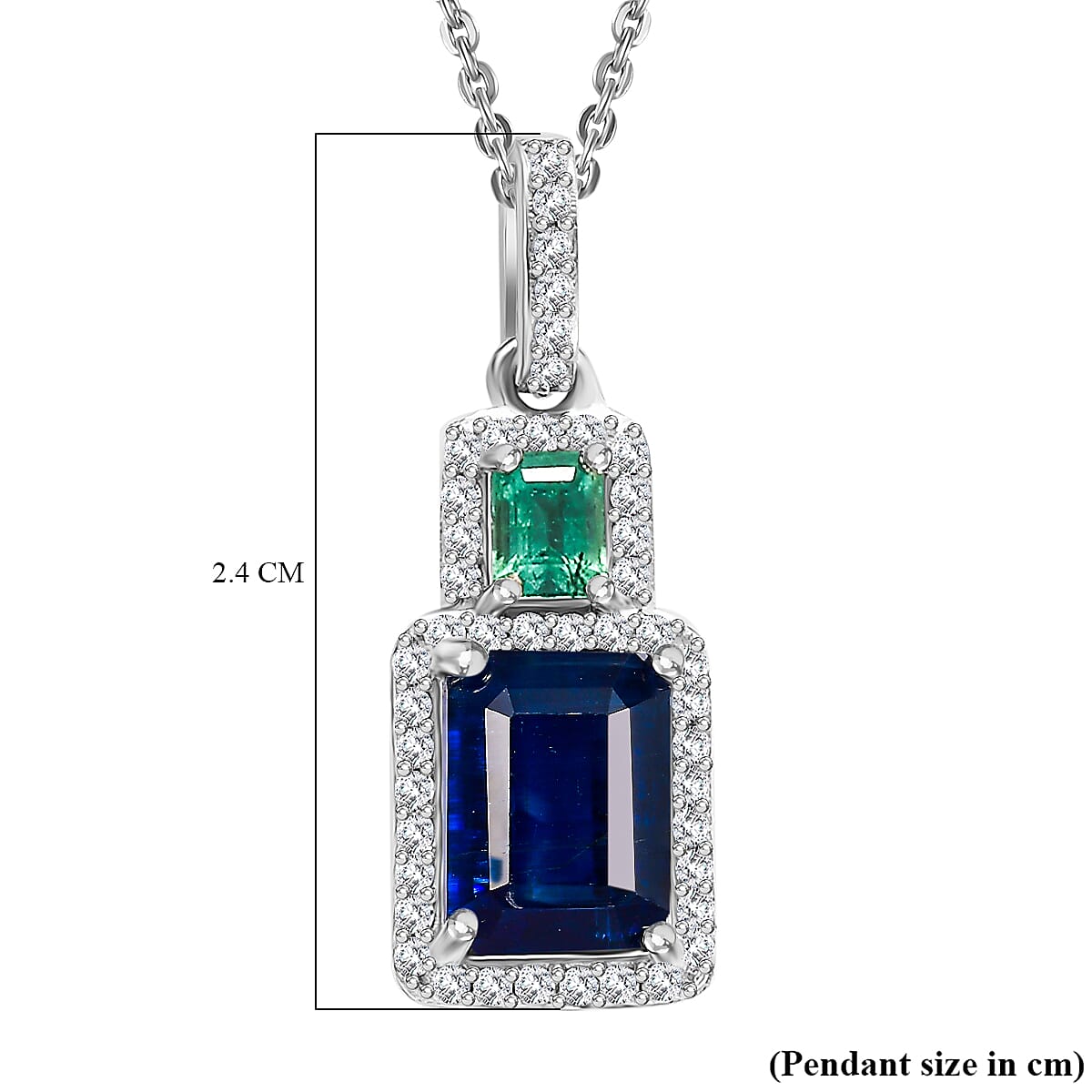 AAA Natural Kashmir Kyanite, Gemfields Zambian Emerald & Natural White Zircon Pendant with Chain (Size 20) in Rhodium Overlay Sterling Silver 2.51 Ct. AAA Natural Kashmir Kyanite, Gemfields Zambian Emerald & Natural White Zircon Pendant with Chain (Size 20) in Rhodium Overlay Sterling Silver 2.51 Ct.