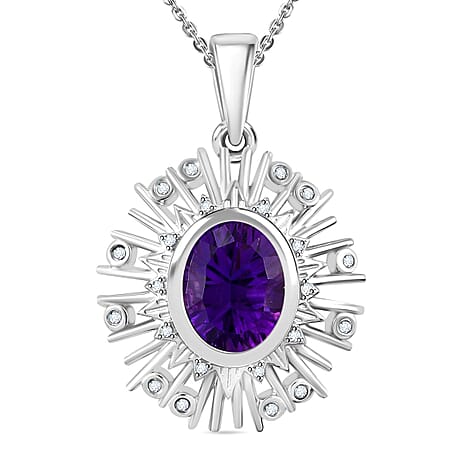 Concave Cut Zambian Amethyst & White Zircon Pendant with Chain (Size - 20) in Rhodium Overlay Sterling Silver 2.99 Ct