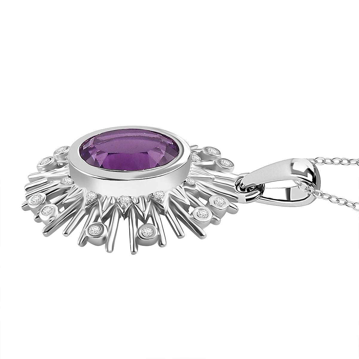 Concave Cut Zambian Amethyst & White Zircon Pendant with Chain (Size - 20) in Rhodium Overlay Sterling Silver 2.99 Ct