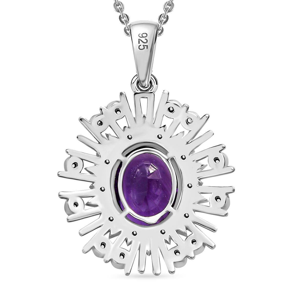 Concave Cut Zambian Amethyst & White Zircon Pendant with Chain (Size - 20) in Rhodium Overlay Sterling Silver 2.99 Ct