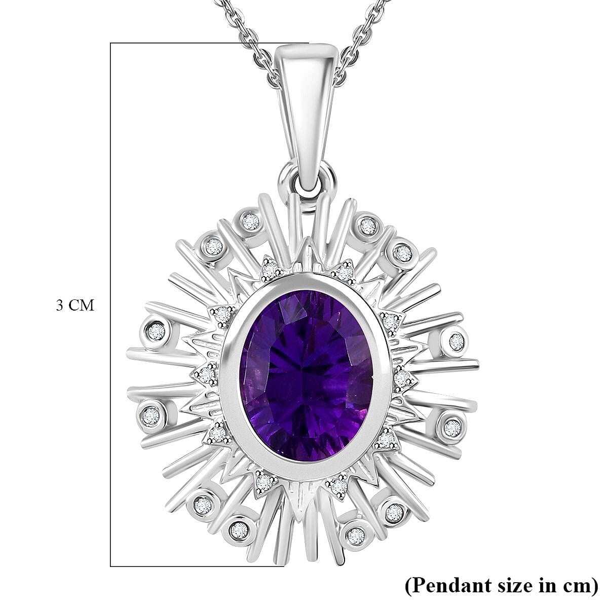 Concave Cut Zambian Amethyst & White Zircon Pendant with Chain (Size - 20) in Rhodium Overlay Sterling Silver 2.99 Ct