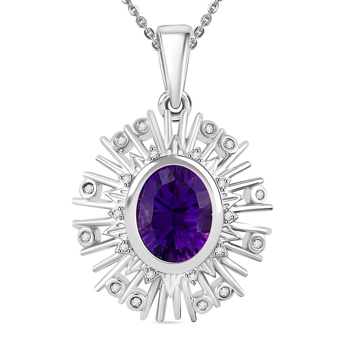 Concave Cut Zambian Amethyst & White Zircon Pendant with Chain (Size - 20) in Rhodium Overlay Sterling Silver 2.99 Ct