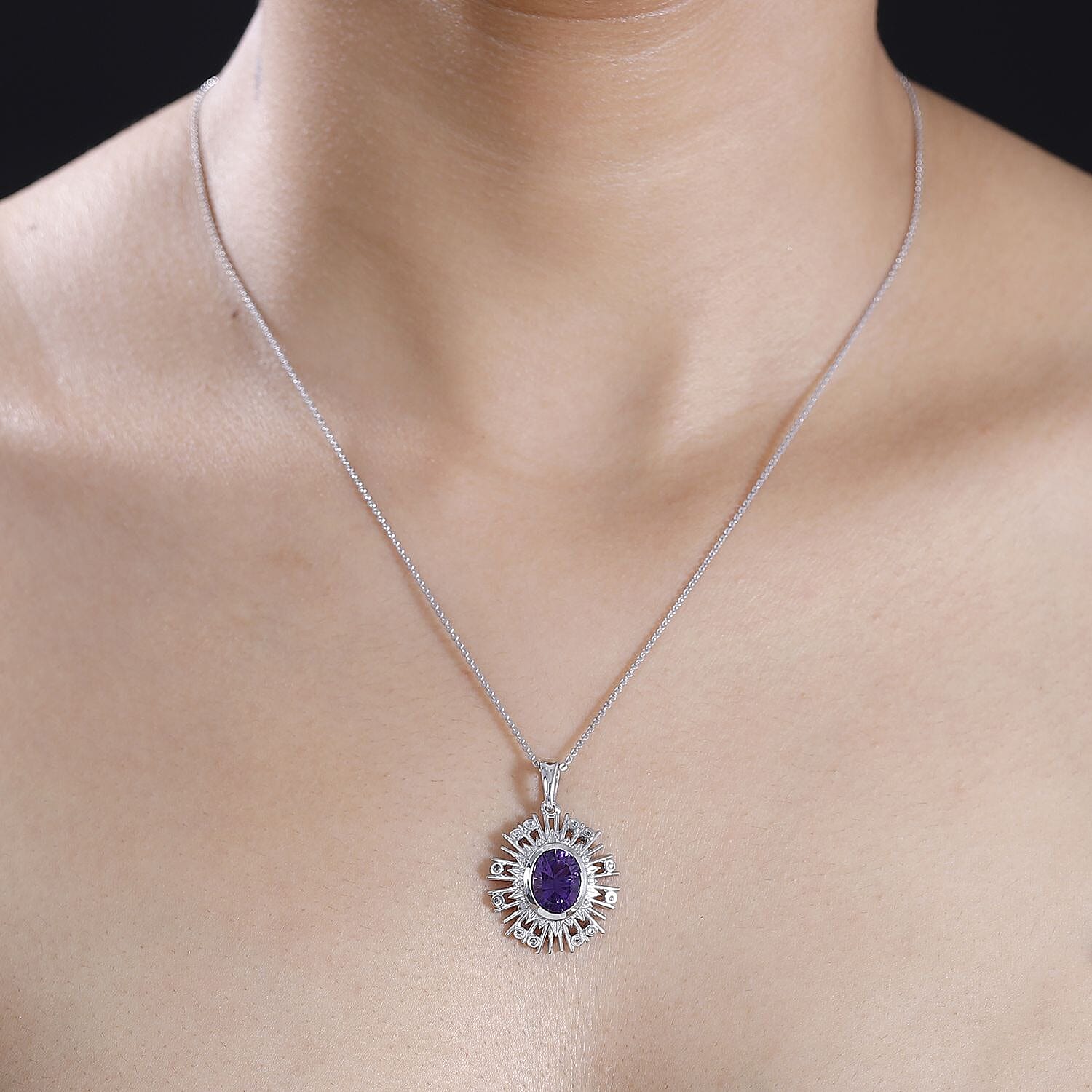 Concave Cut Zambian Amethyst & White Zircon Pendant with Chain (Size - 20) in Rhodium Overlay Sterling Silver 2.99 Ct