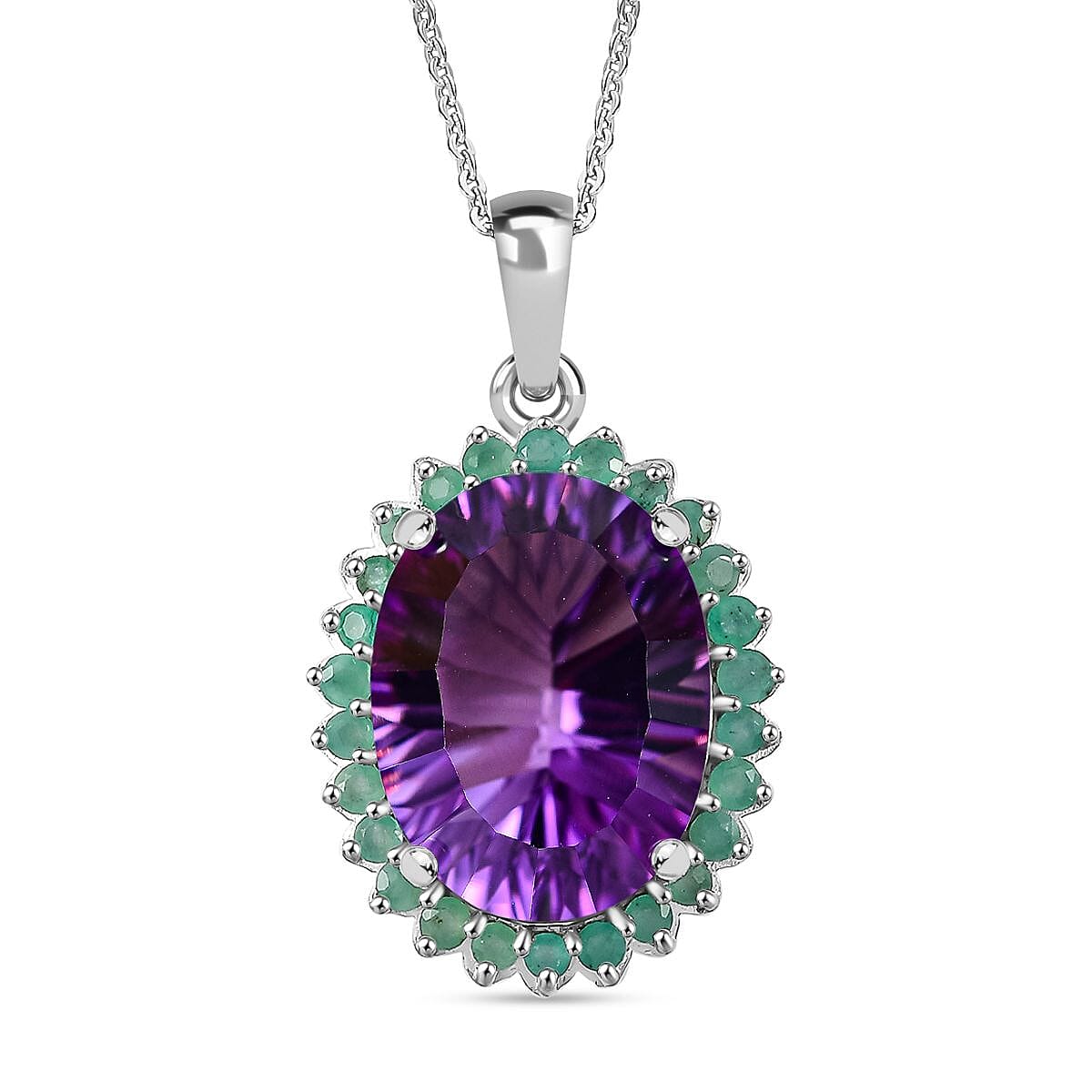 Concave Cut Zambian Amethyst & Zambian Emerald Pendant with Chain (Size - 20) in Rhodium Overlay Sterling Silver 8.13 Ct.