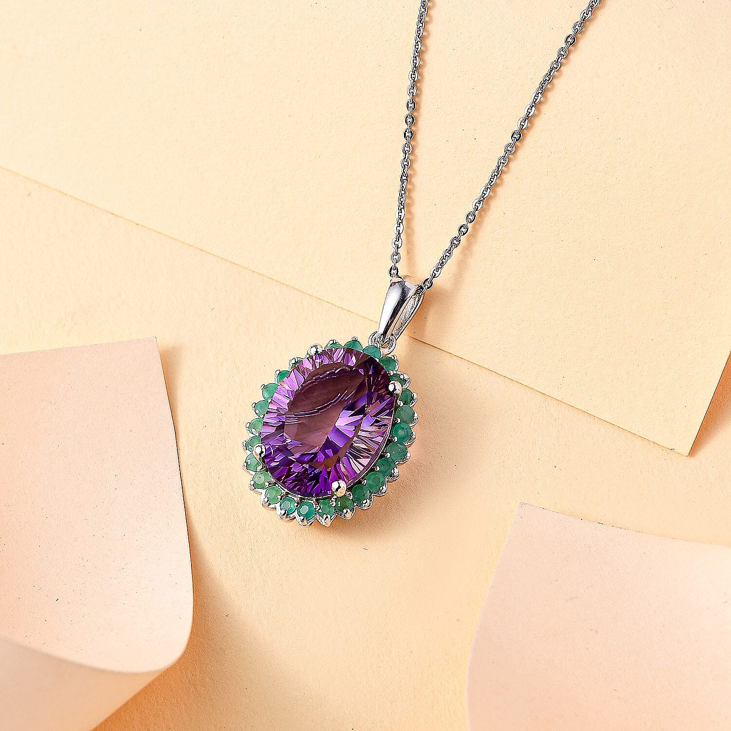 Concave Cut Zambian Amethyst & Zambian Emerald Pendant with Chain (Size - 20) in Rhodium Overlay Sterling Silver 8.13 Ct.