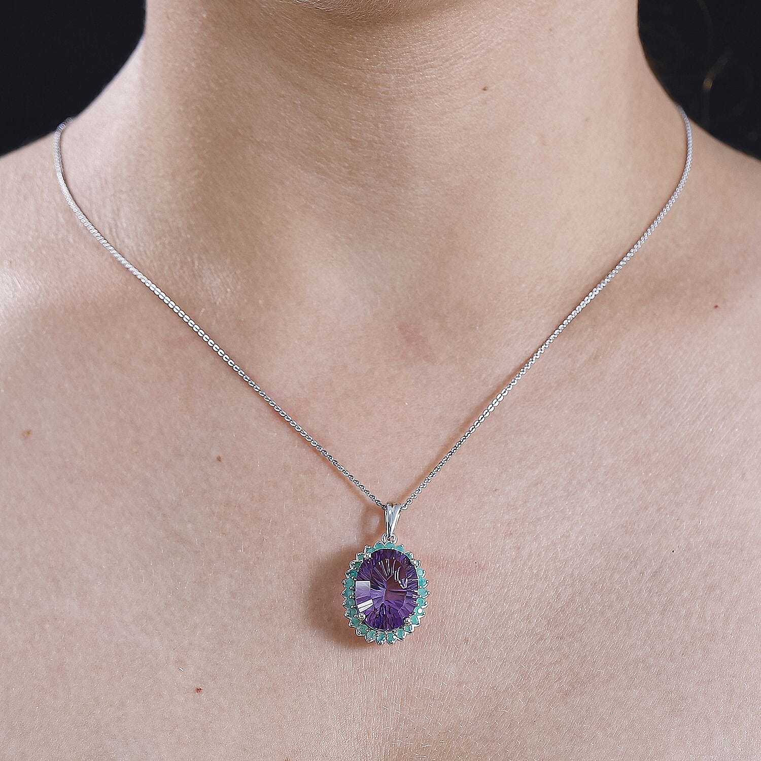 Concave Cut Zambian Amethyst & Zambian Emerald Pendant with Chain (Size - 20) in Rhodium Overlay Sterling Silver 8.13 Ct.