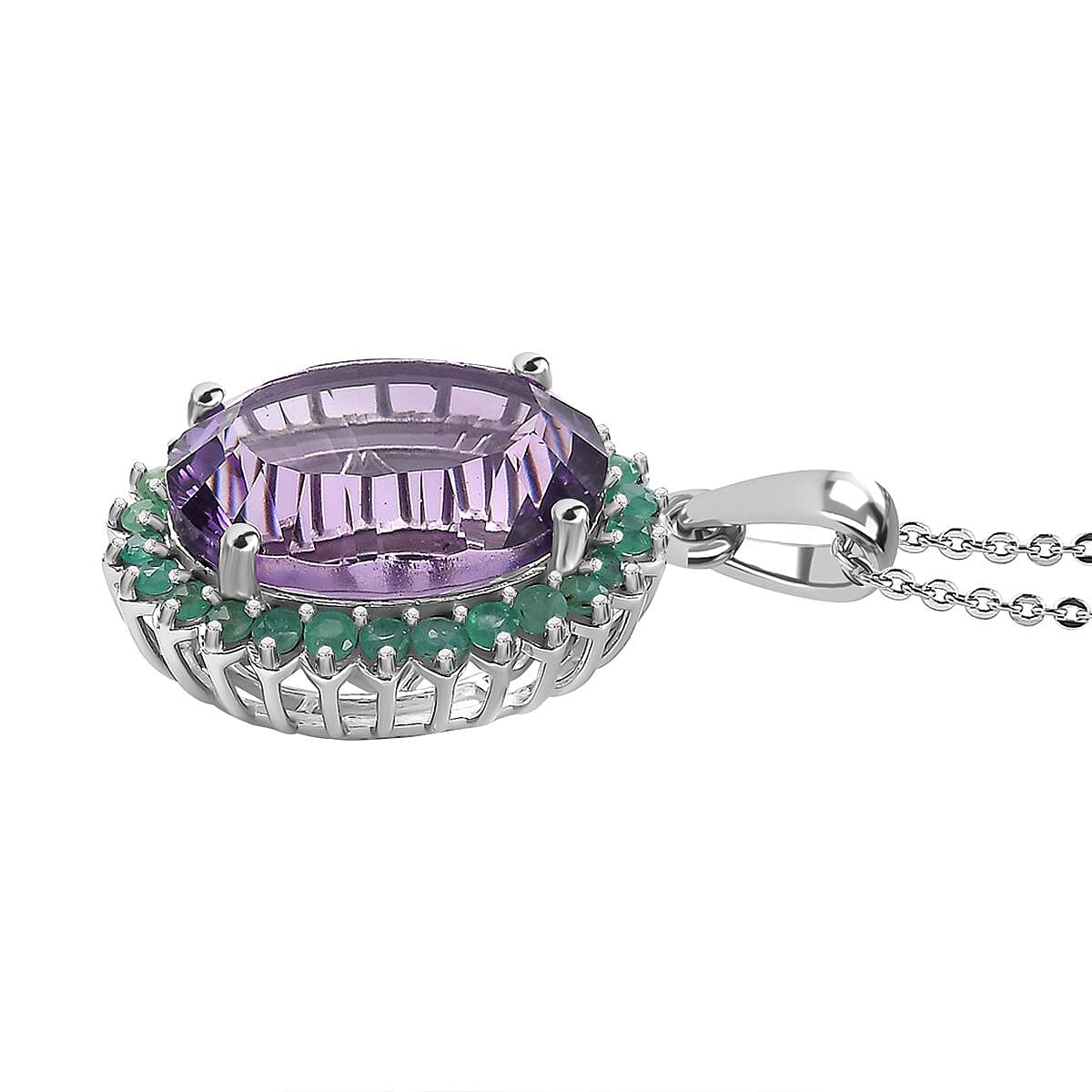 Concave Cut Zambian Amethyst & Zambian Emerald Pendant with Chain (Size - 20) in Rhodium Overlay Sterling Silver 8.13 Ct.