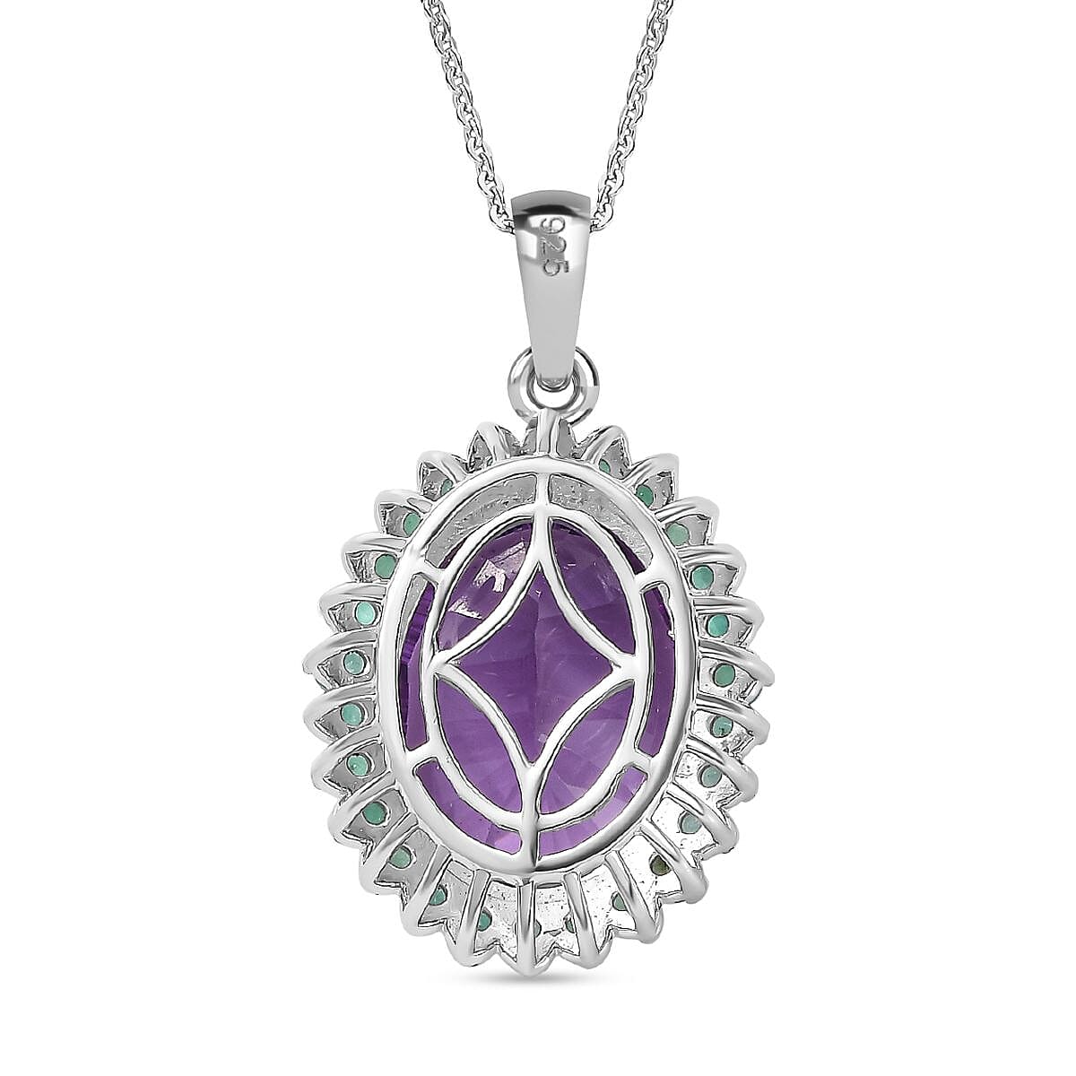 Concave Cut Zambian Amethyst & Zambian Emerald Pendant with Chain (Size - 20) in Rhodium Overlay Sterling Silver 8.13 Ct.