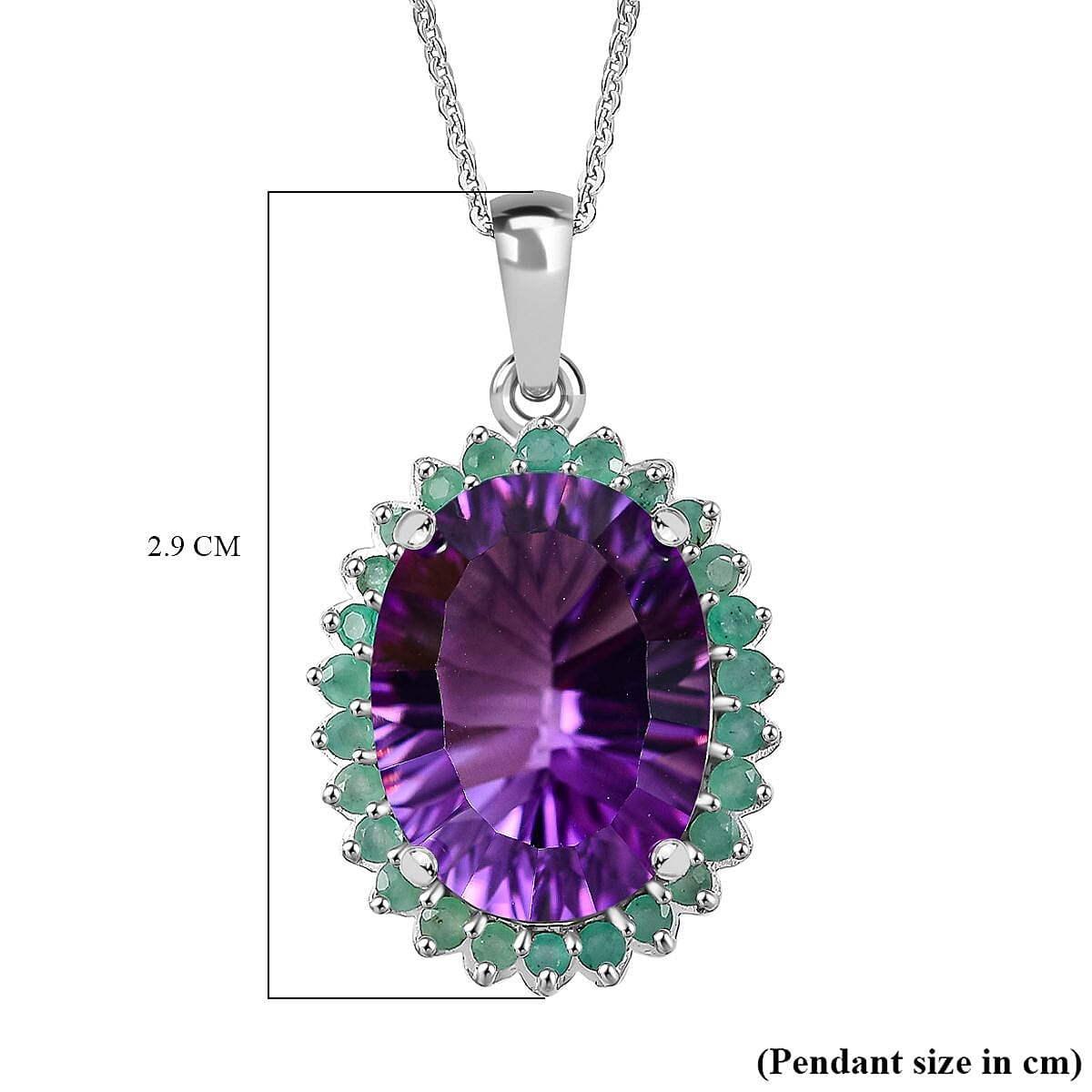 Concave Cut Zambian Amethyst & Zambian Emerald Pendant with Chain (Size - 20) in Rhodium Overlay Sterling Silver 8.13 Ct.