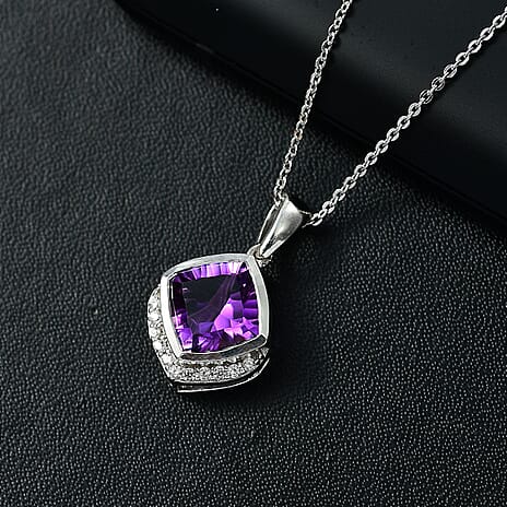 Concave Cut Zambian Amethyst & White Zircon Pendant with Chain (Size 20) in Rhodium Overlay Sterling Silver 2.42 Ct.