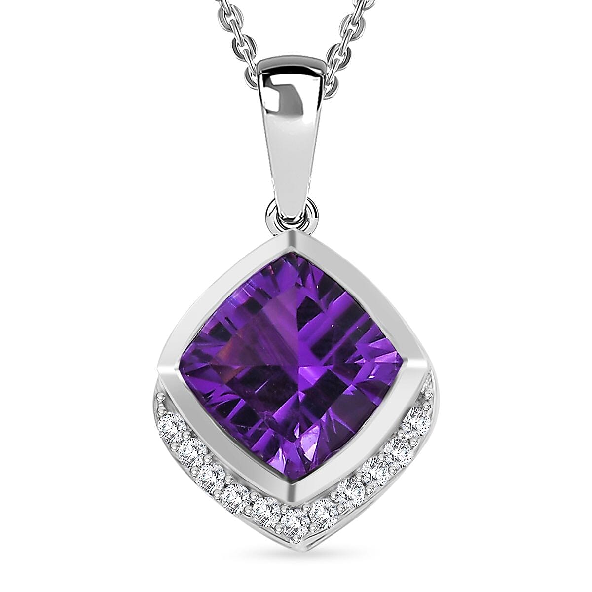 Concave Cut Zambian Amethyst & White Zircon Pendant with Chain (Size 20) in Rhodium Overlay Sterling Silver 2.42 Ct.