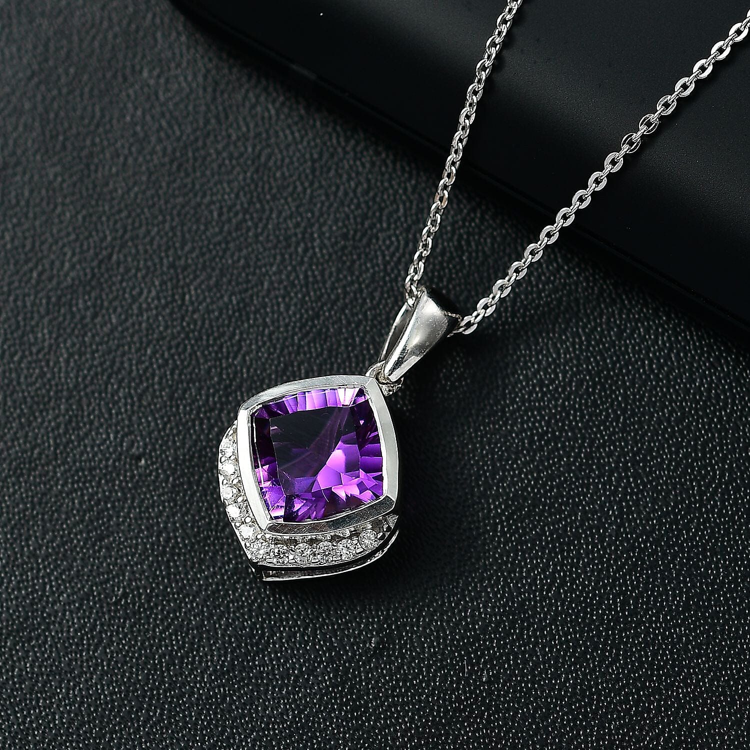 Concave Cut Zambian Amethyst & White Zircon Pendant with Chain (Size 20) in Rhodium Overlay Sterling Silver 2.42 Ct.