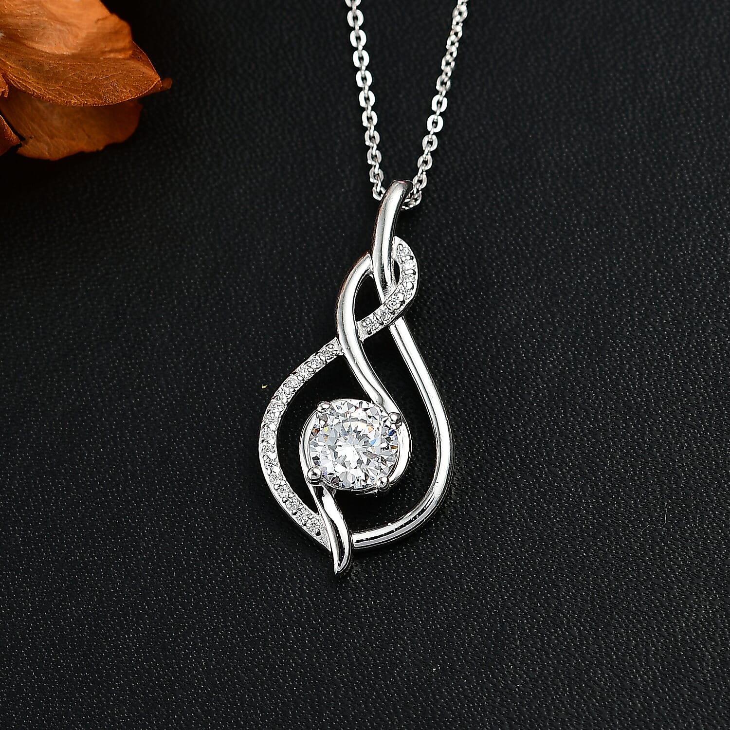 J Francis - Swarovski Zirconia Twist Pendant with Chain (Size 20) in Rhodium Overlay Sterling Silver 1.54 Ct.