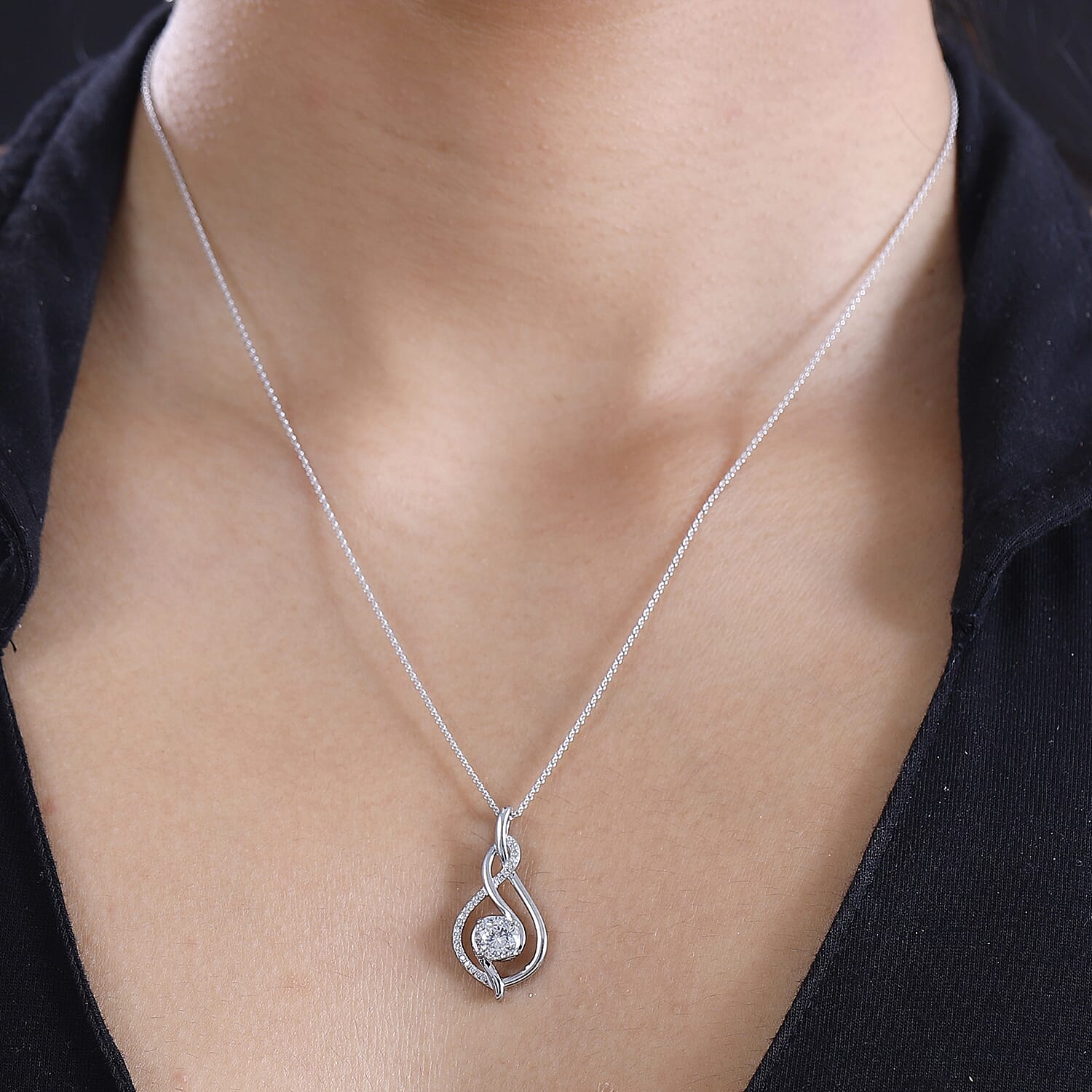 J Francis - Swarovski Zirconia Twist Pendant with Chain (Size 20) in Rhodium Overlay Sterling Silver 1.54 Ct.