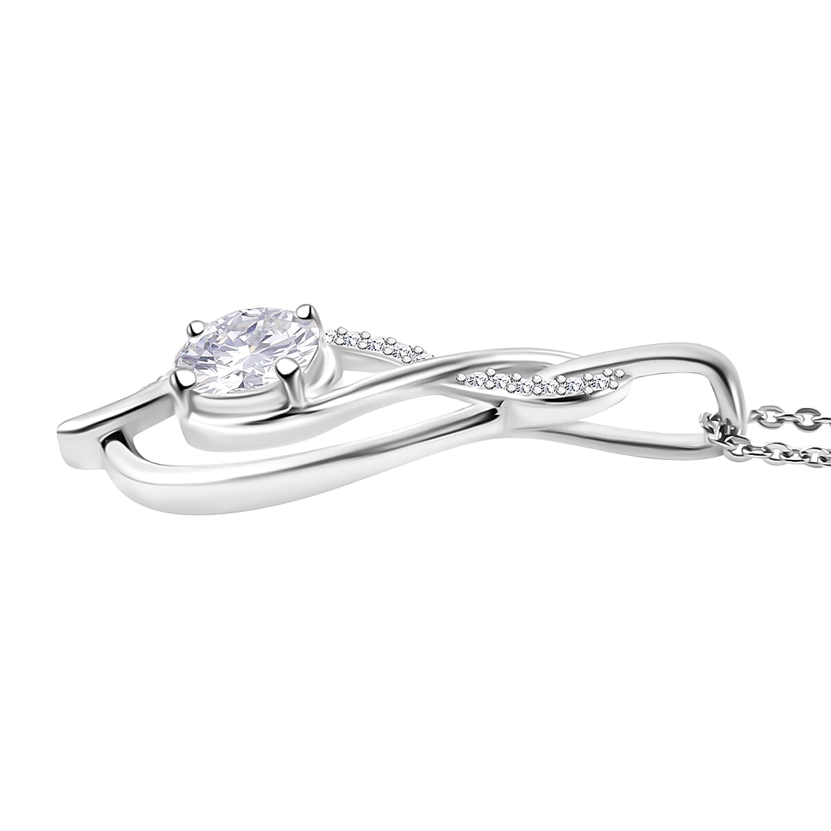 J Francis - Swarovski Zirconia Twist Pendant with Chain (Size 20) in Rhodium Overlay Sterling Silver 1.54 Ct.