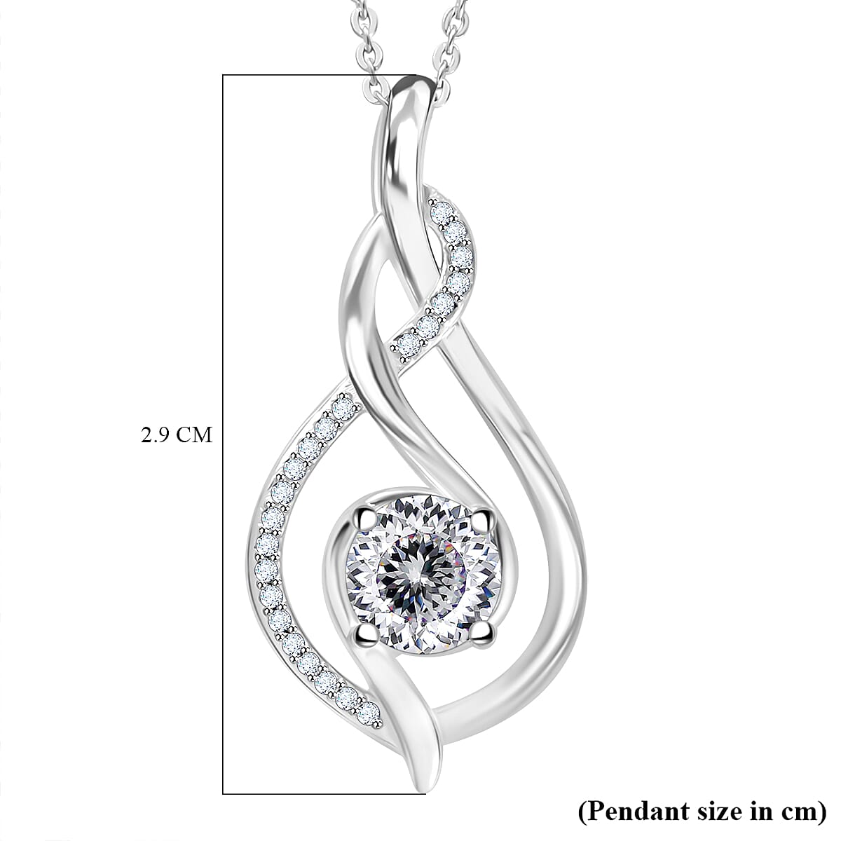 J Francis - Swarovski Zirconia Twist Pendant with Chain (Size 20) in Rhodium Overlay Sterling Silver 1.54 Ct.