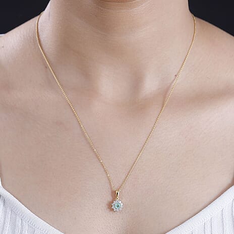 Colombian Emerald, White Zircon Pendant with Chain (Size 20) in 18K YG Vermeil Sterling Silver