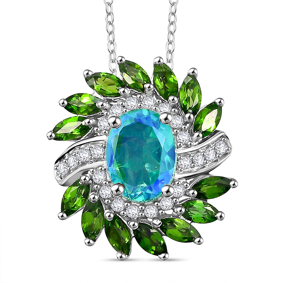 Peacock Triplet Quartz,  Natural Chrome Diopside,  White Zircon Pendant with Chain (Size 20) in rhodium Sterling Silver Silver 2.740  Ct.
