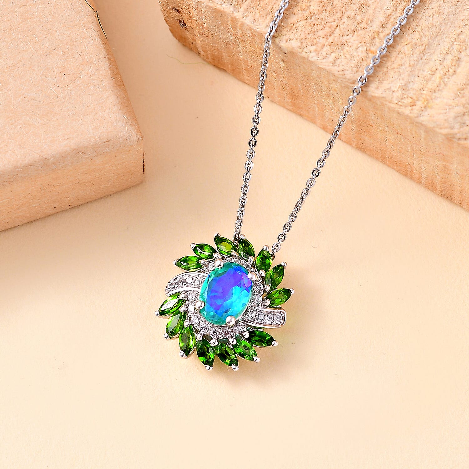 Peacock Triplet Quartz,  Natural Chrome Diopside,  White Zircon Pendant with Chain (Size 20) in rhodium Sterling Silver Silver 2.740  Ct.