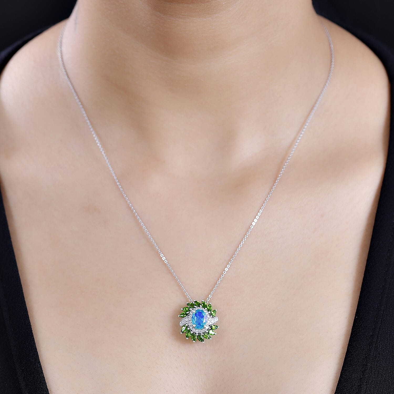 Peacock Triplet Quartz,  Natural Chrome Diopside,  White Zircon Pendant with Chain (Size 20) in rhodium Sterling Silver Silver 2.740  Ct.