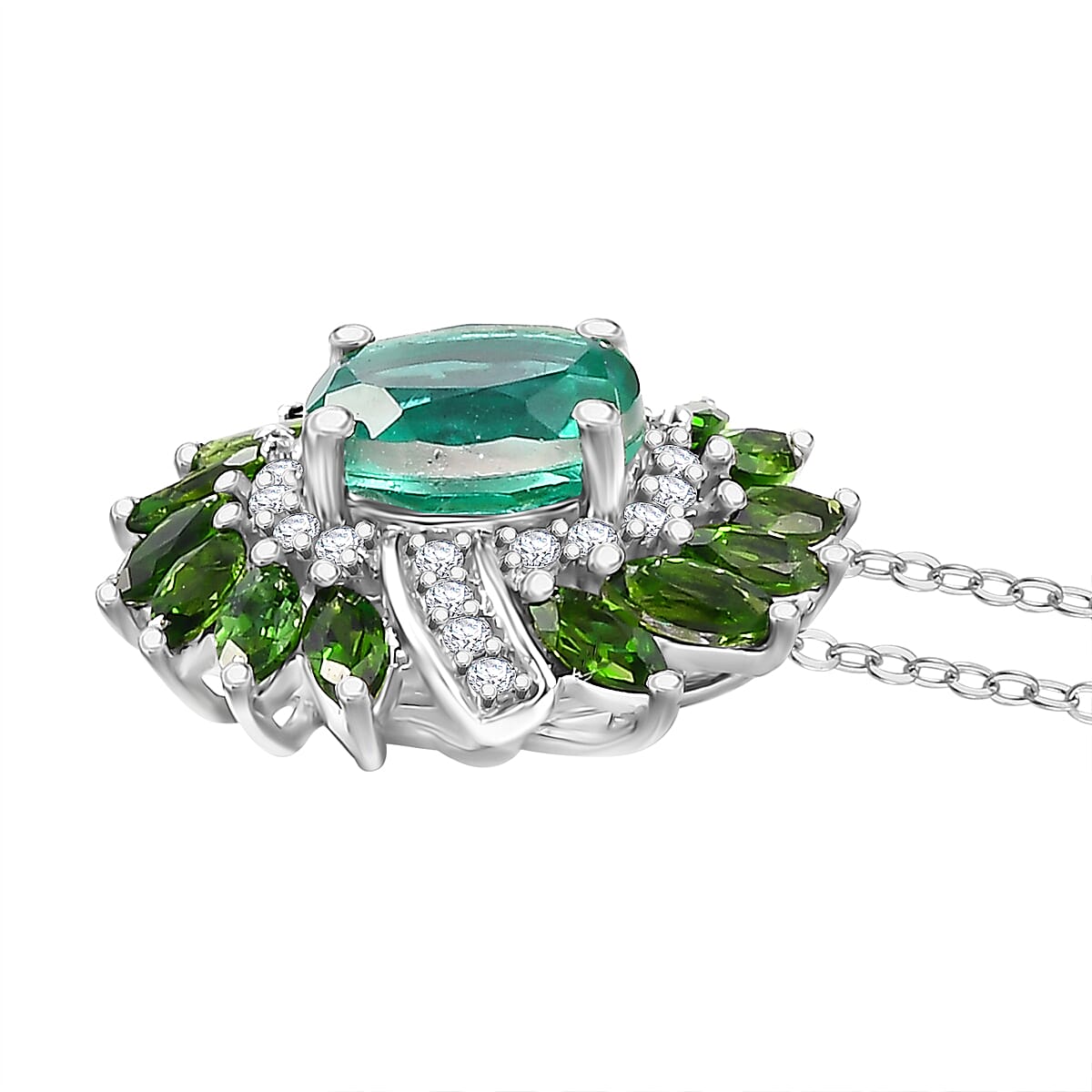 Peacock Triplet Quartz,  Natural Chrome Diopside,  White Zircon Pendant with Chain (Size 20) in rhodium Sterling Silver Silver 2.740  Ct.
