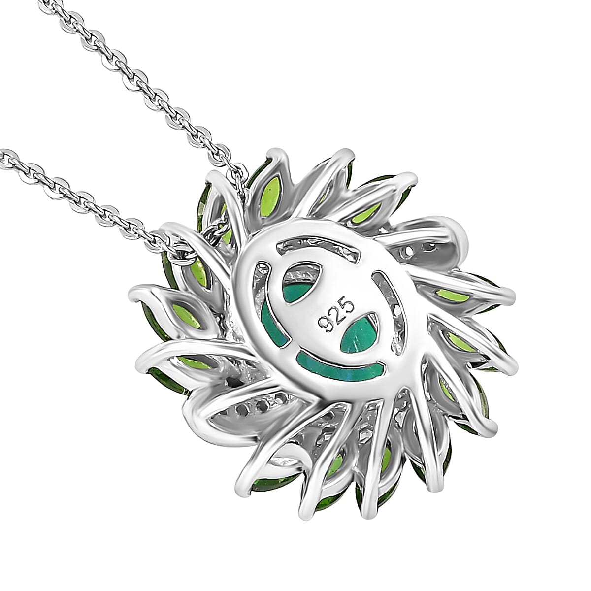 Peacock Triplet Quartz,  Natural Chrome Diopside,  White Zircon Pendant with Chain (Size 20) in rhodium Sterling Silver Silver 2.740  Ct.
